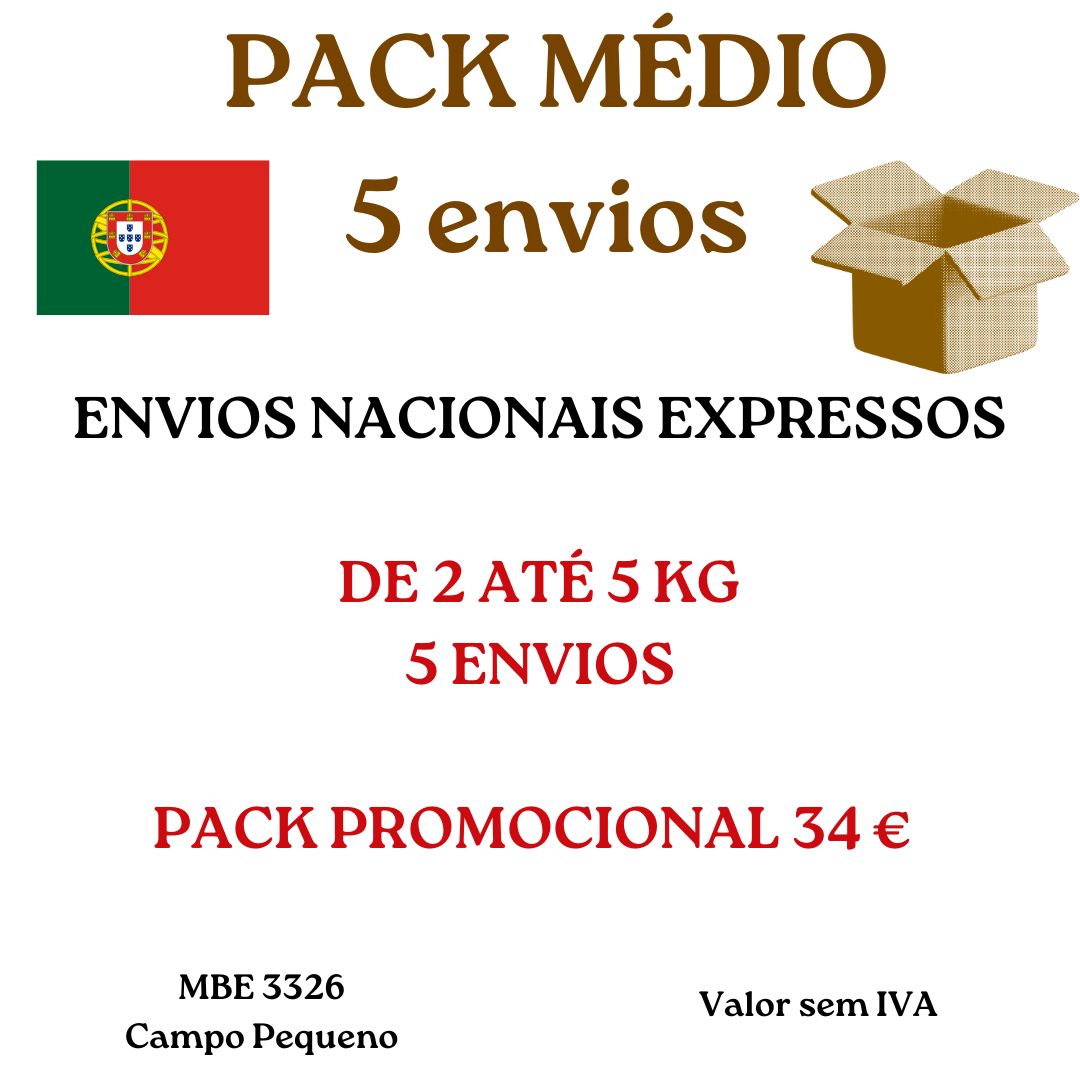Pacote MÉDIO 5 envios Pré pago De 2 até 5kg